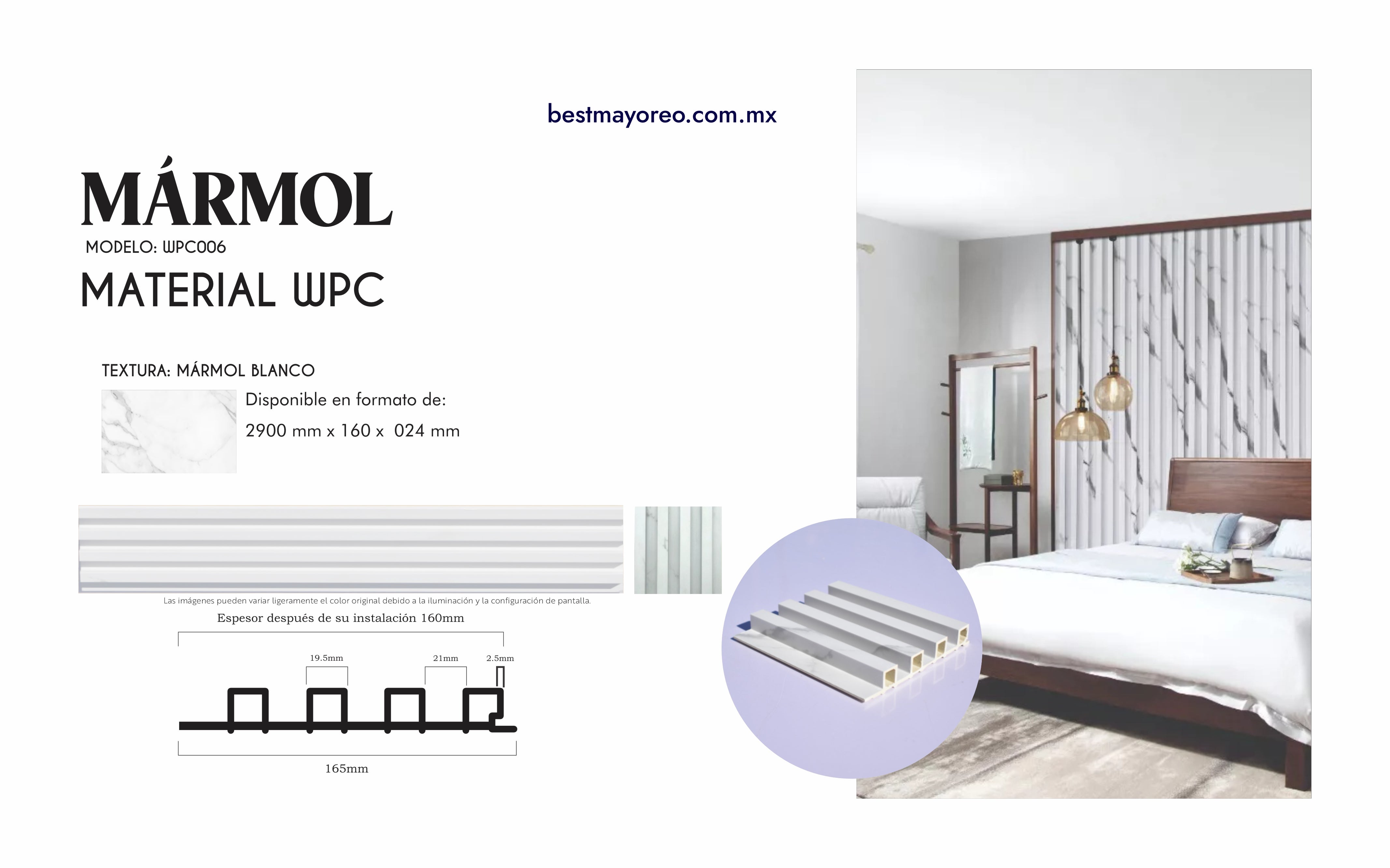LAMBRIN INTERIOR COLOR BLANCO MARMOL MATE 16X2.90 CAJA 14 PIEZAS